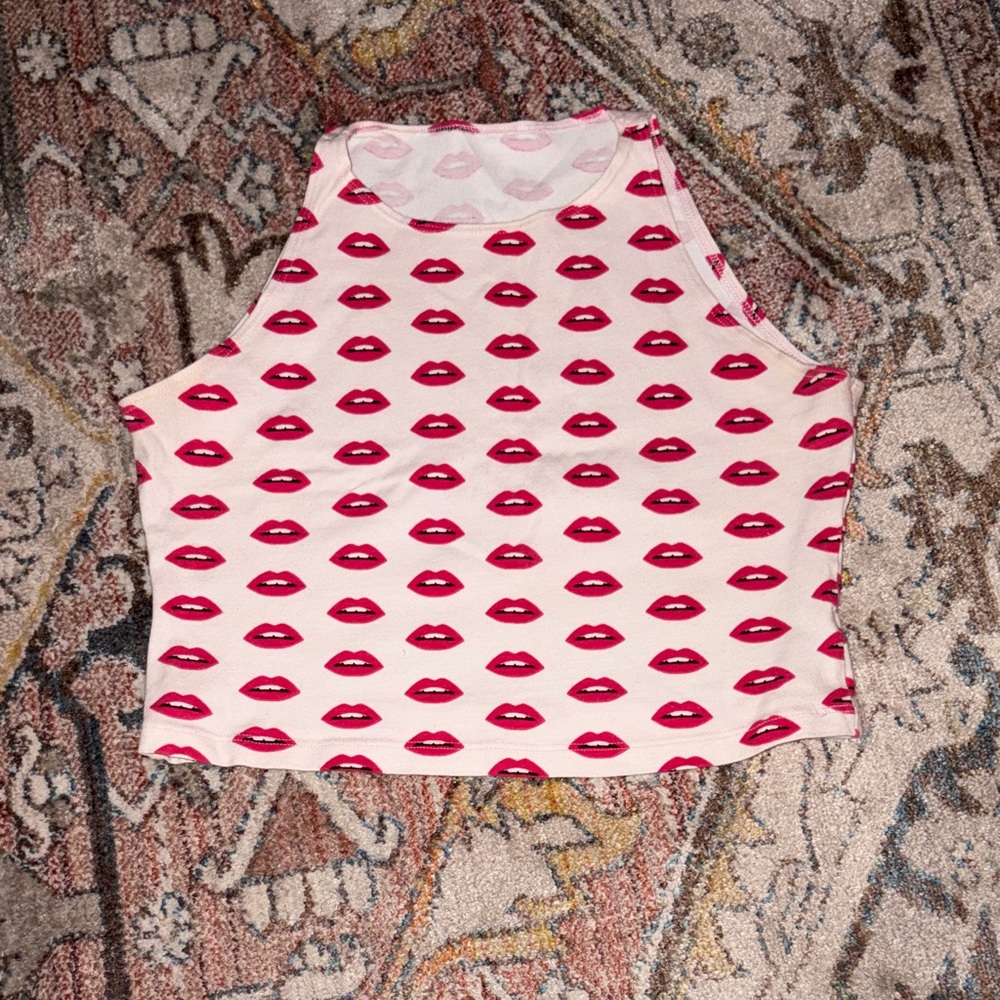 American Apparel White and Red Lips Tank Top